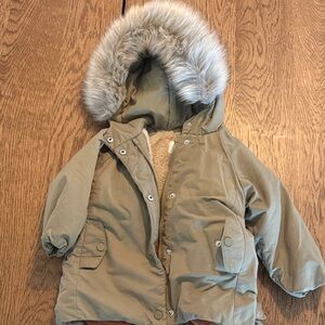 Zara Kids Hooded Parka with Faux Fur Trim Olive Green
